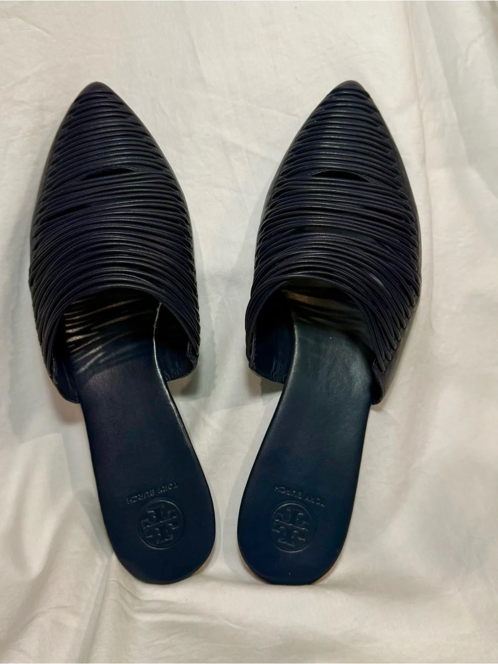 Tory Burch Navy Pointed-Toe Woven Slip-On Mules
